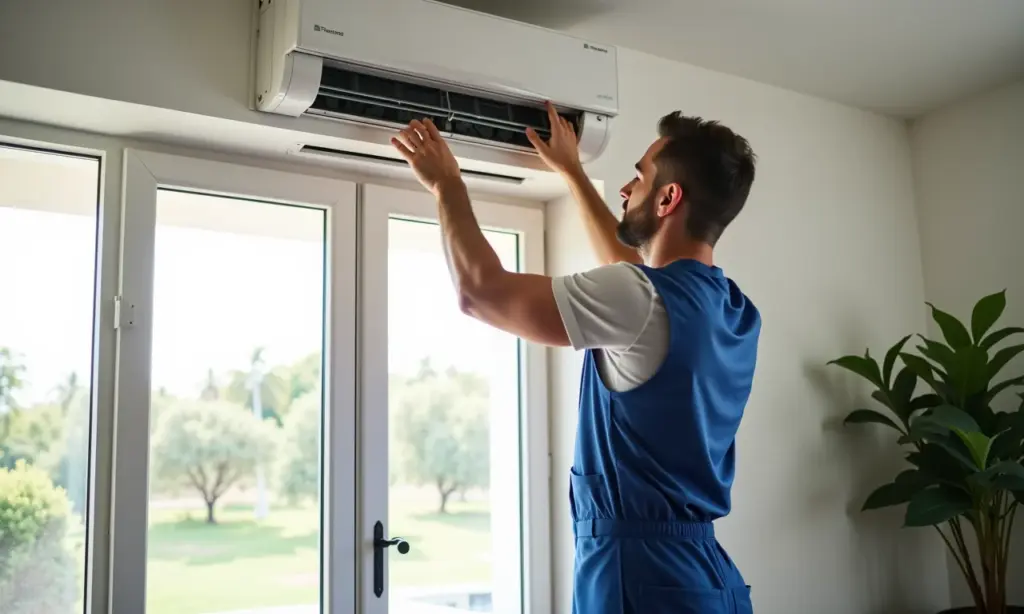 Carga de Gás do Ar Condicionado: Quando Fazer a Recarga Técnico verificando o ar condicionado em sala iluminada com decoração brasileira.