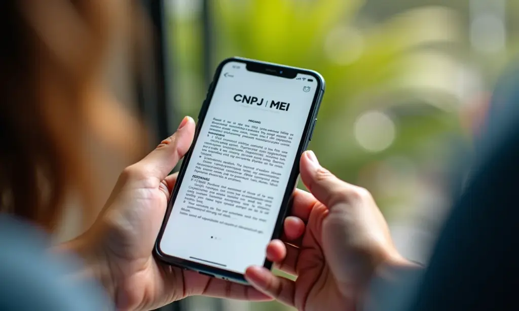 Tela de celular mostrando comprovante CNPJ MEI com mãos segurando o aparelho.