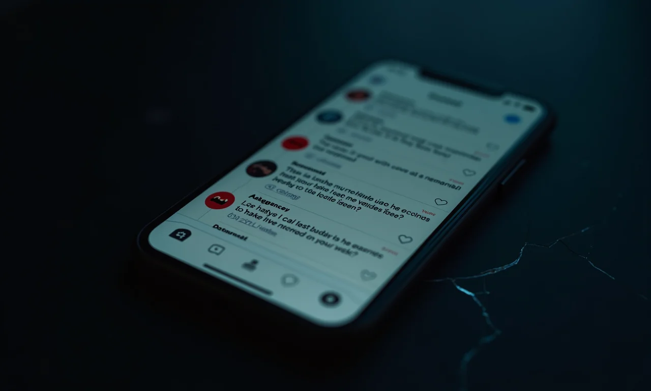 Tela de smartphone rachada com comentários agressivos, simbolizando as críticas ao cancelamento.