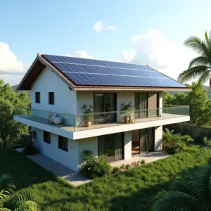 Telhado de casa brasileira com painéis solares brilhando sob o sol, representando energia limpa.