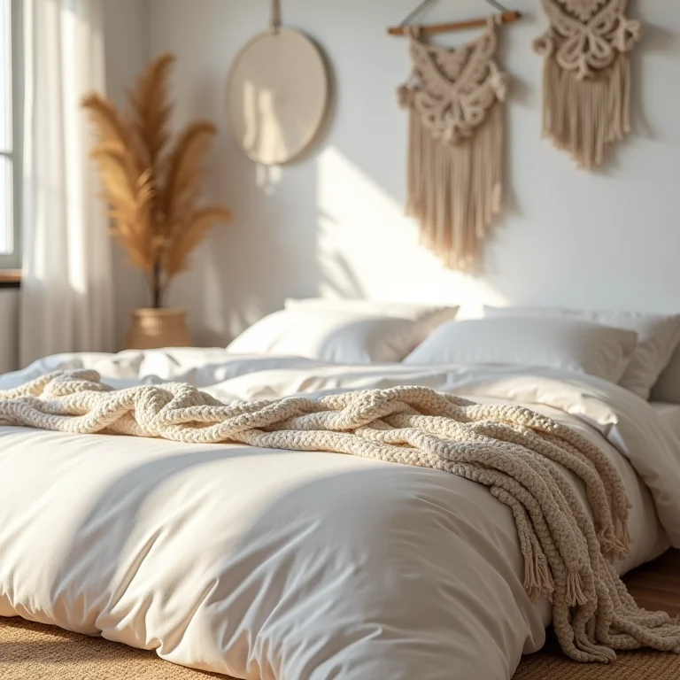 Texturas e tricôs aconchegantes em um quarto boho minimalista