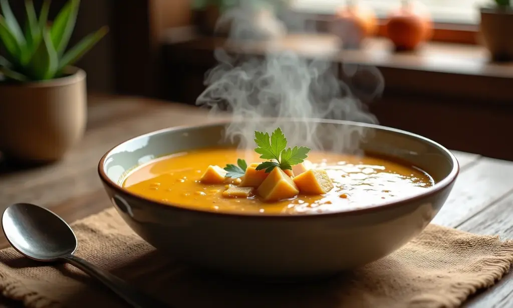 Tigela fumegante de caldo cremoso de mandioquinha em mesa rústica de madeira.