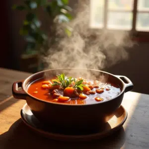 Tigela fumegante de caldo de carne caseiro em um aconchegante lar brasileiro.