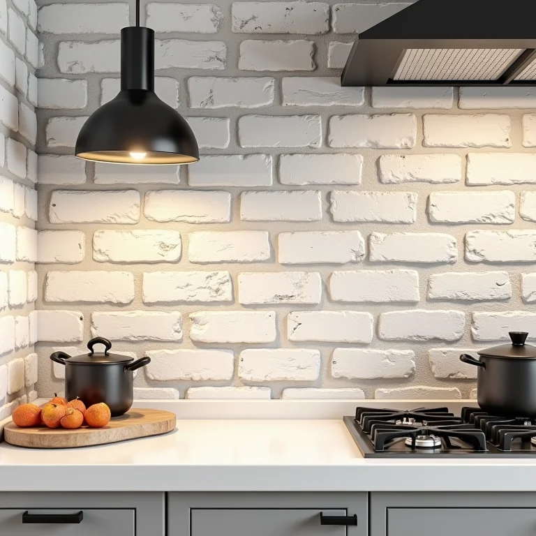 Tijolinho branco envelhecido em cozinha rústica e elegante