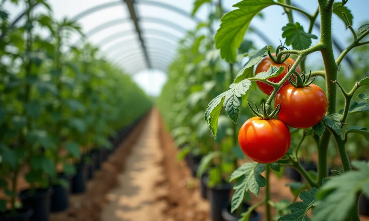 Tomateiro saudável protegido por tela contra insetos em estufa.