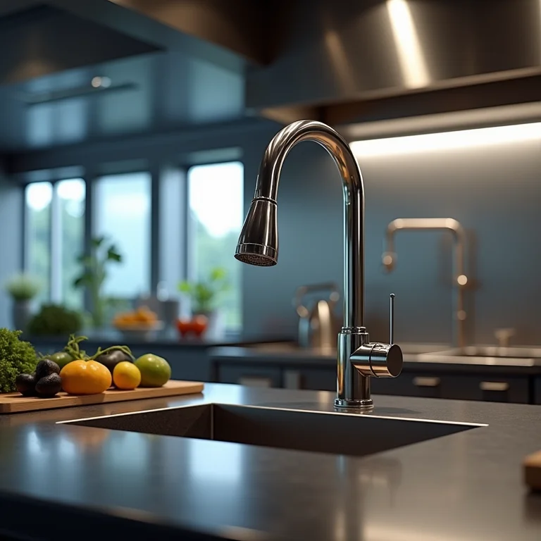 Torneira de parede com bica móvel na cozinha