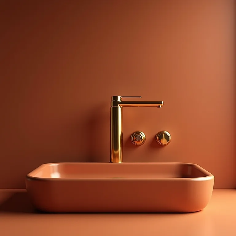 Torneiras e metais dourados da Deca em banheiro terracota.