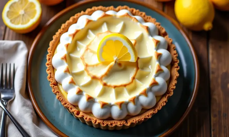 Torta de limão com merengue incrivelmente apetitosa sobre mesa rústica.