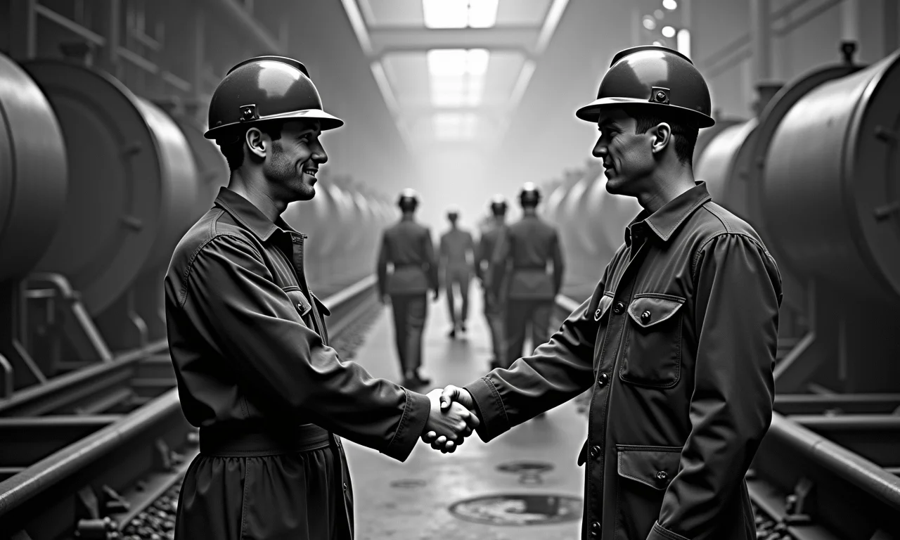 Trabalhadores de carvão e aço apertando as mãos, simbolizando a Comunidade Europeia do Carvão e do Aço (CECA).