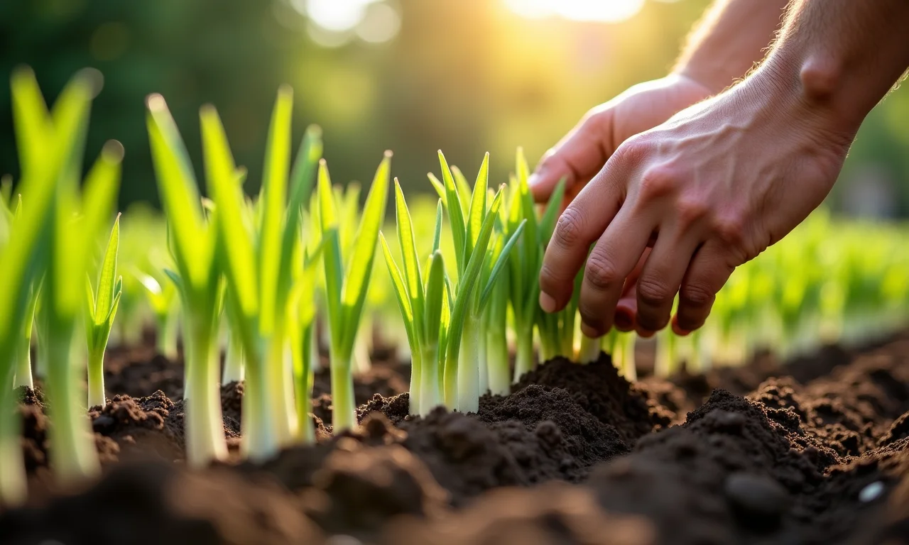 Transplante de mudas de alho poró em solo preparado.