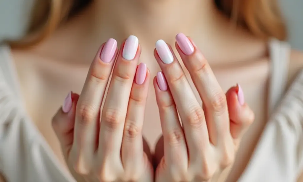 Unhas baby boomer, francesinha degradê perfeita em mãos femininas, estilo moderno e elegante.