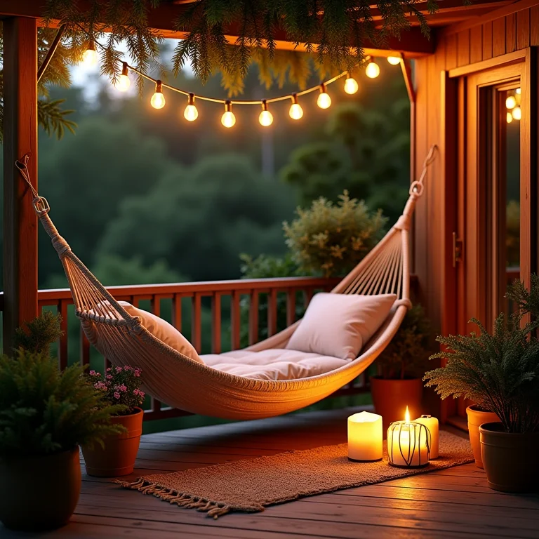 Varanda decorada com rede, almofadas e luzes
