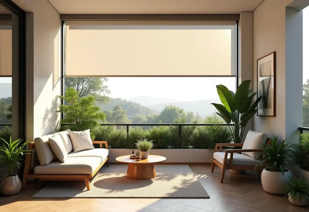 Cortina Rolô: O guia definitivo para escolher sem medo Varanda gourmet com cortina rolô moderna e elegante.