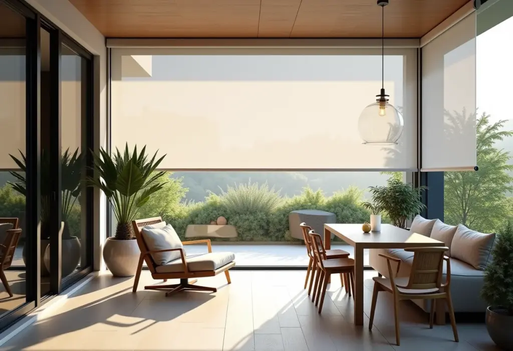 Varanda gourmet moderna com cortina rolô fechada, proporcionando privacidade e conforto.