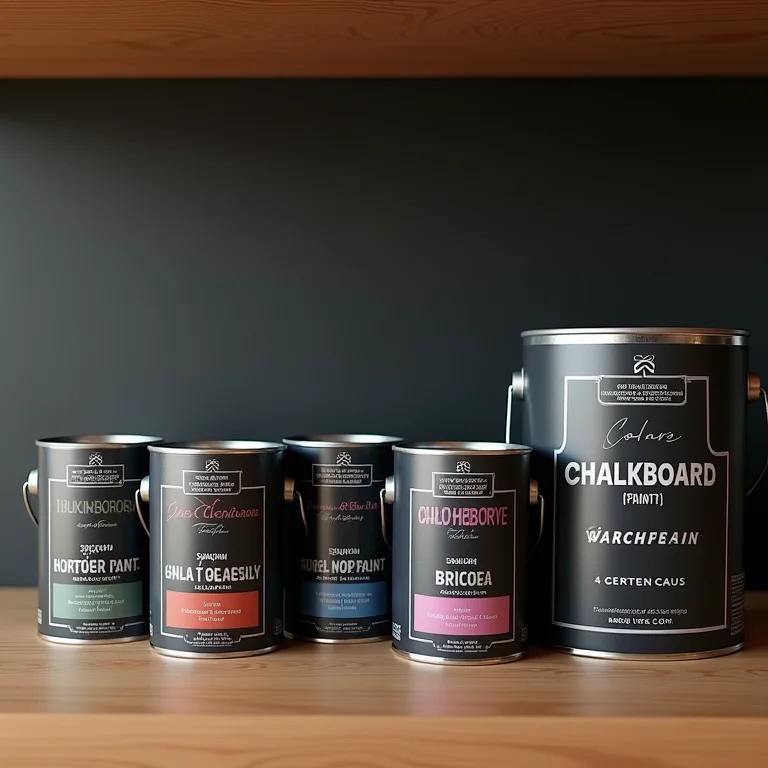 Várias marcas de latas de tinta lousa alinhadas em uma prateleira, cada uma com um rótulo e cor únicos.
