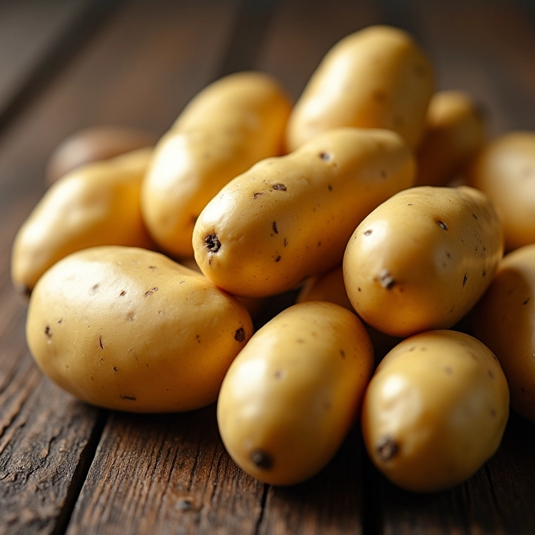 Variedade de batatas cruas em uma mesa de madeira rústica, prontas para o preparo.