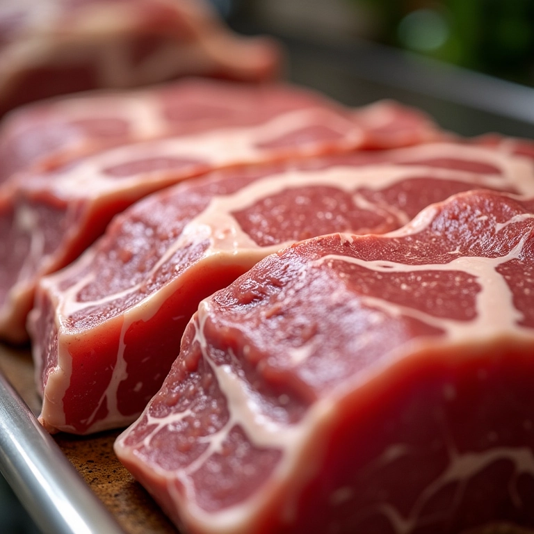 Variedade de cortes de carne de porco fresca em balcão de açougue, prontos para o preparo.