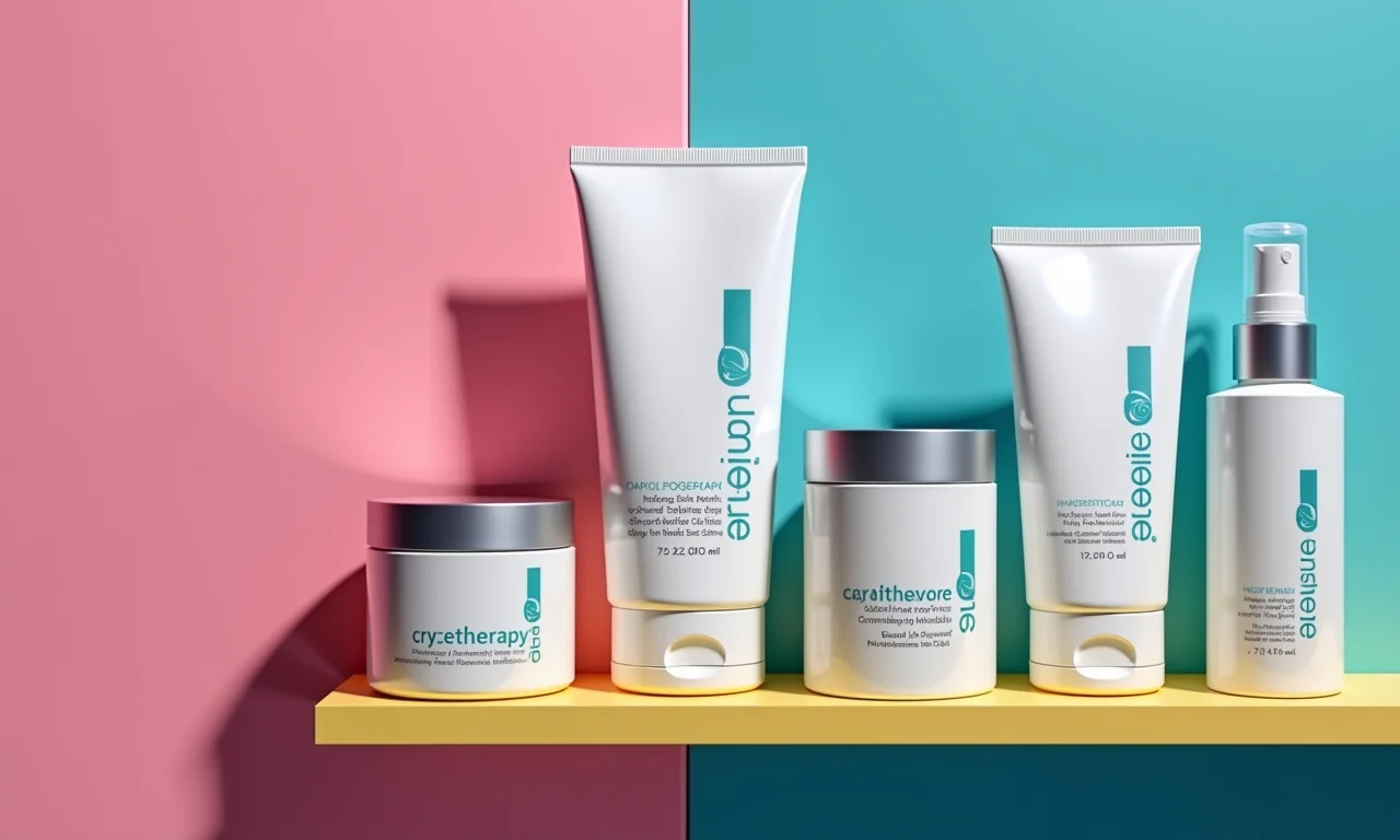 Variedade de produtos para crioterapia capilar em prateleira colorida.