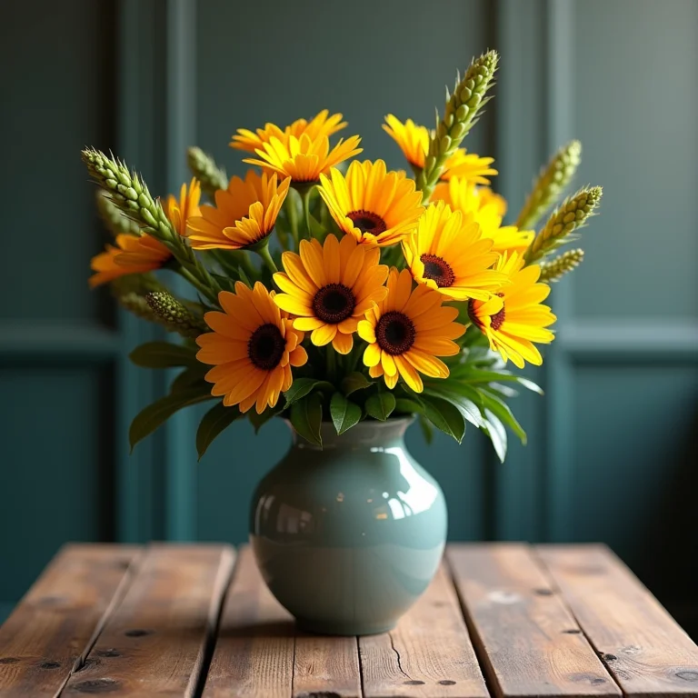 Vaso com flores nativas brasileiras em uma mesa de madeira rústica.