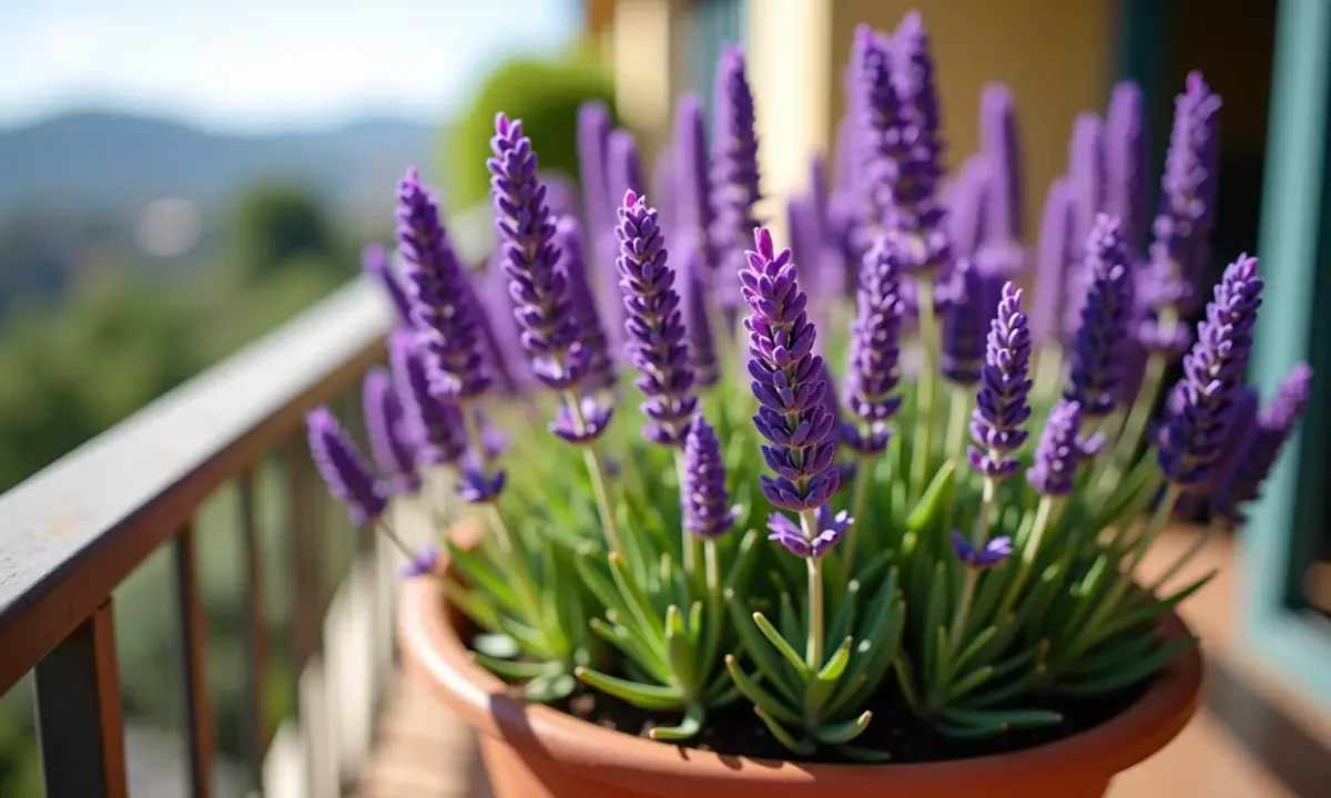 Vaso de lavanda exuberante com flores roxas vibrantes em varanda ensolarada.