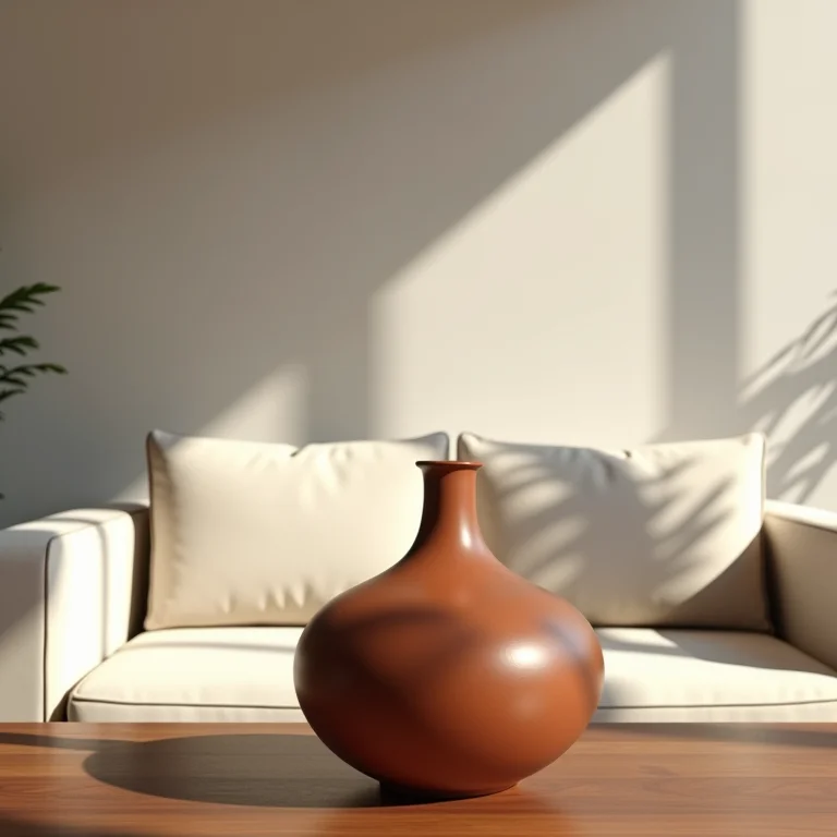 Vaso de terracota sobre mesa de madeira em sala minimalista