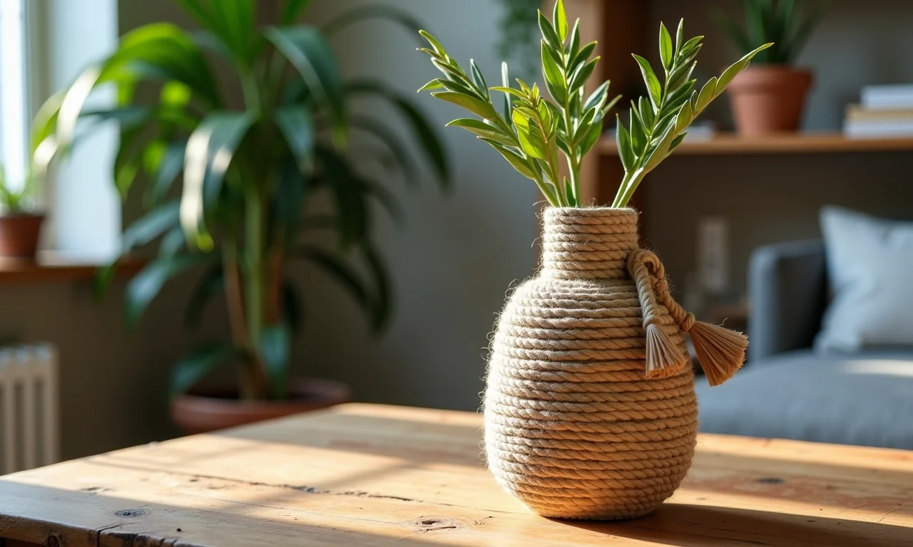Vaso decorado com barbante ou sisal sobre mesa de madeira rústica.