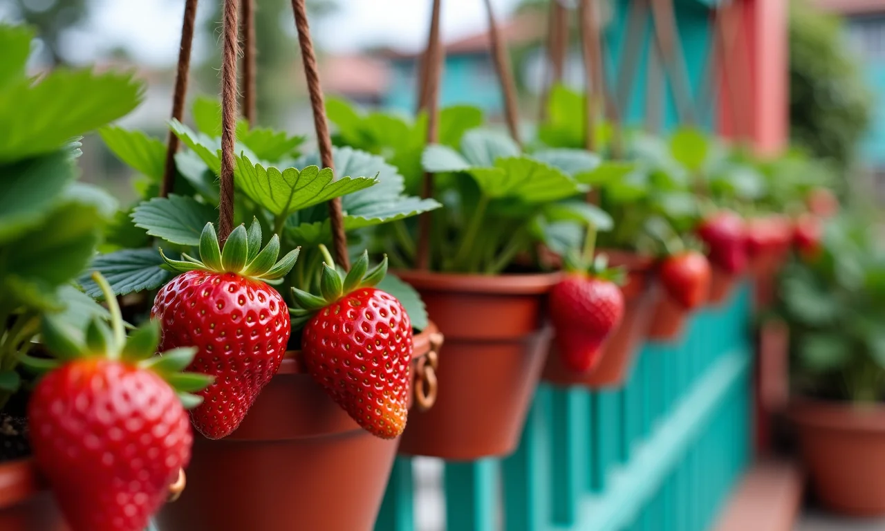 Vasos de morangos pendurados em uma varanda colorida com estilo 'Farm Rio'.