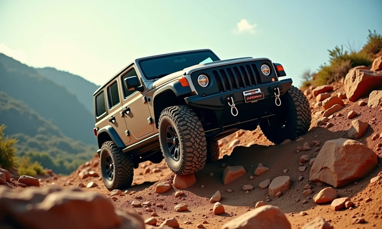 Veículo off-road subindo colina rochosa com facilidade, demonstrando tração.