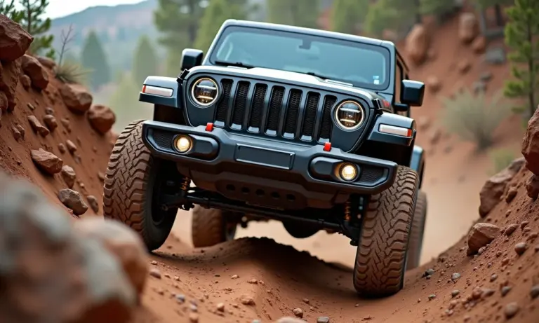 Bloqueio de Diferencial: O Segredo Para Vencer Obstáculos Veículo off-road superando obstáculo com bloqueio de diferencial ativado.