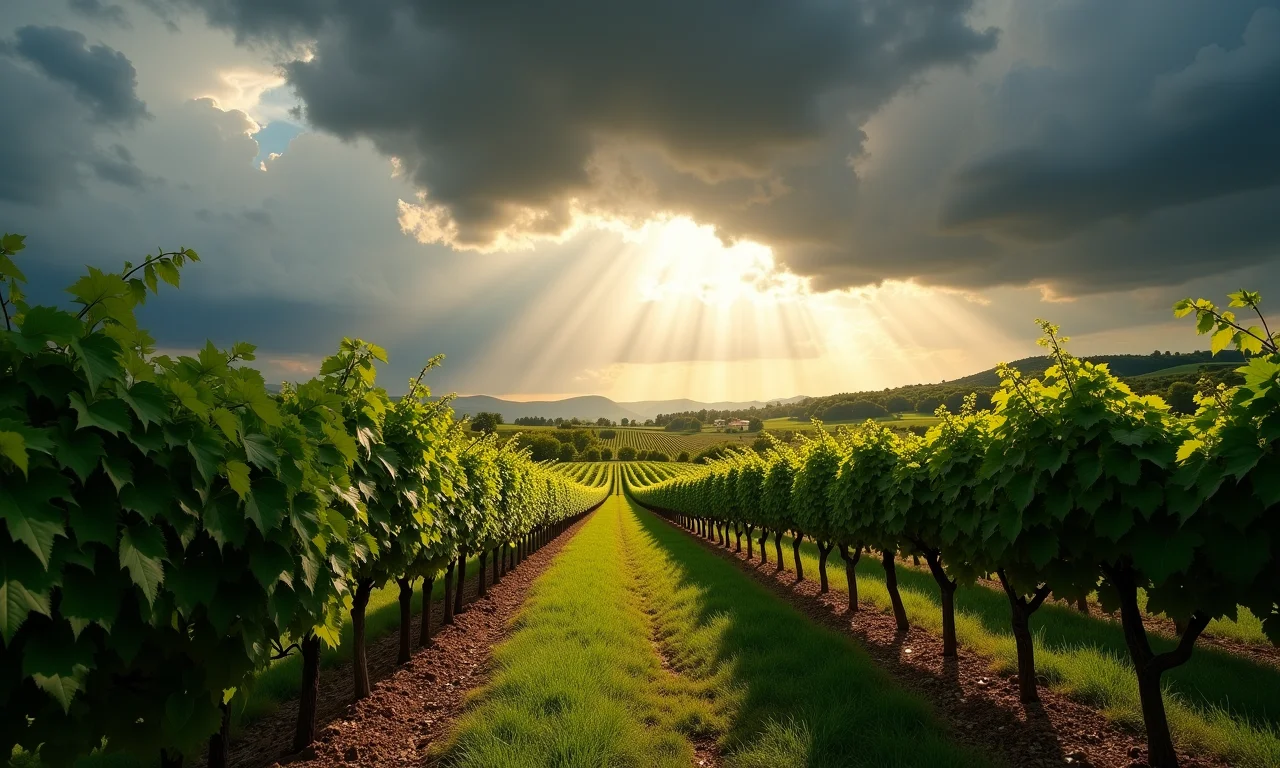 Vinhedo com céu dramático, nuvens de chuva e raios de sol, clima como maestro.