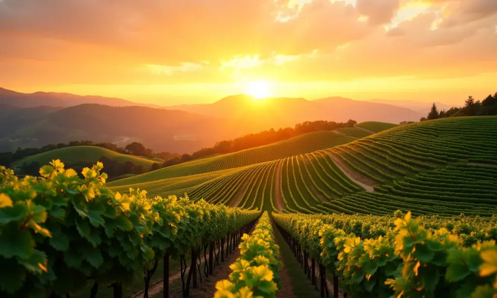 Terroir: Como o Lugar Influencia o Sabor do Vinho Vinhedo exuberante sob a luz dourada do sol poente, representando o conceito de Terroir.