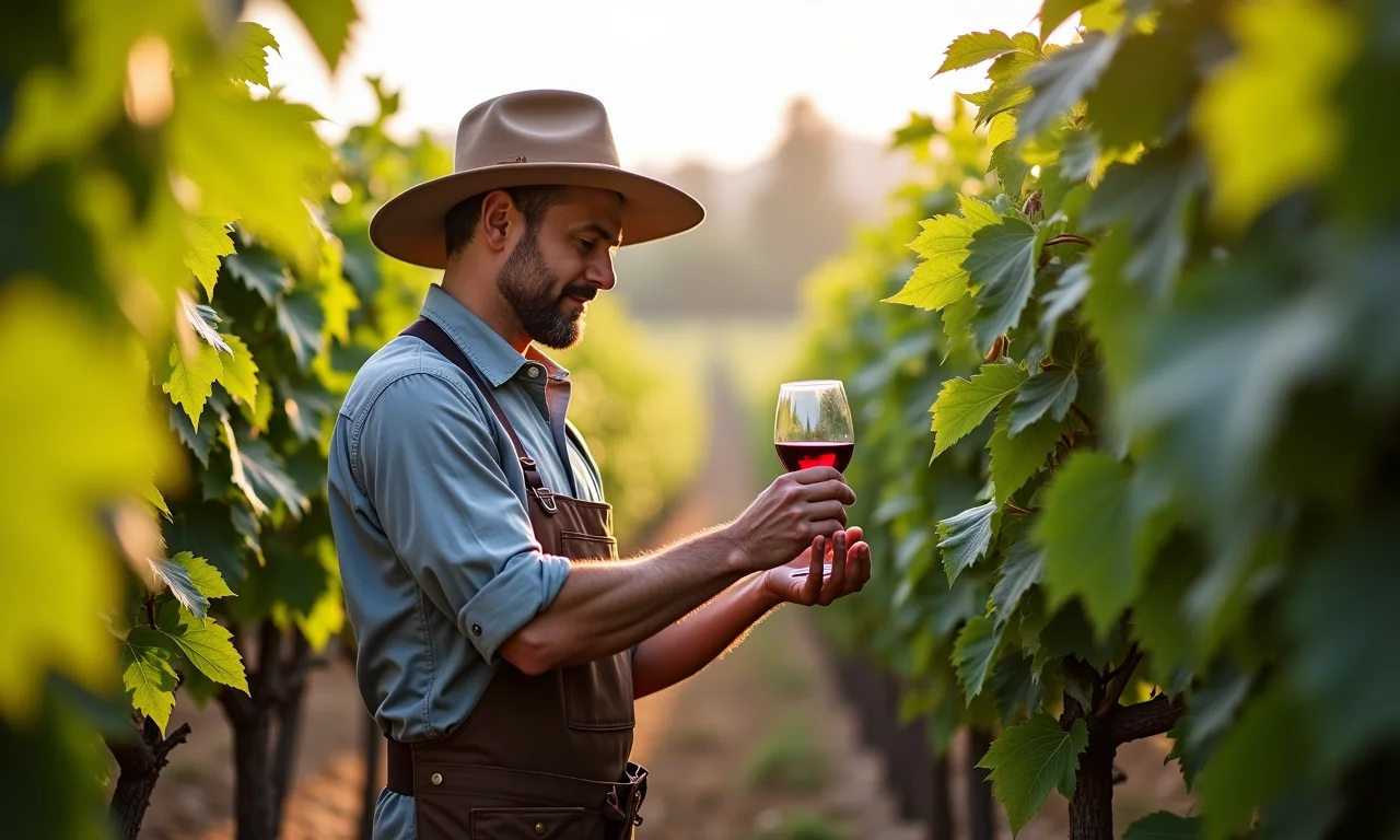 Vinicultor cuidando das videiras com ferramentas tradicionais, tradição e inovação.
