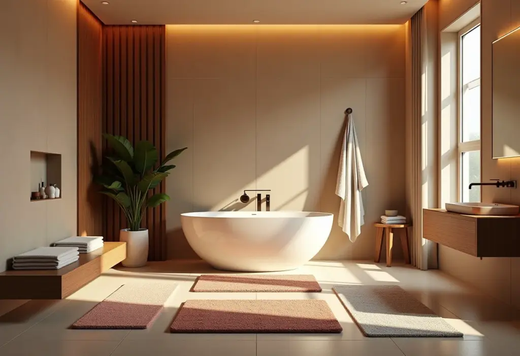 Visão ampla de um banheiro luxuoso com diversos tapetes estilosos.