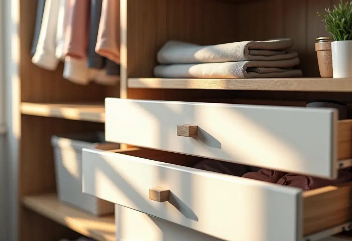 Visão geral de um closet organizado com diversos organizadores de gaveta.