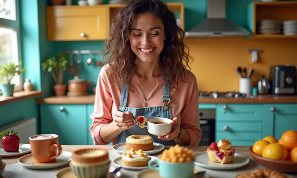 Doces de Micro-ondas Rápidos e Fáceis Para o Lanche Visão geral de uma cozinha vibrante com uma mulher preparando diversos doces de micro-ondas.