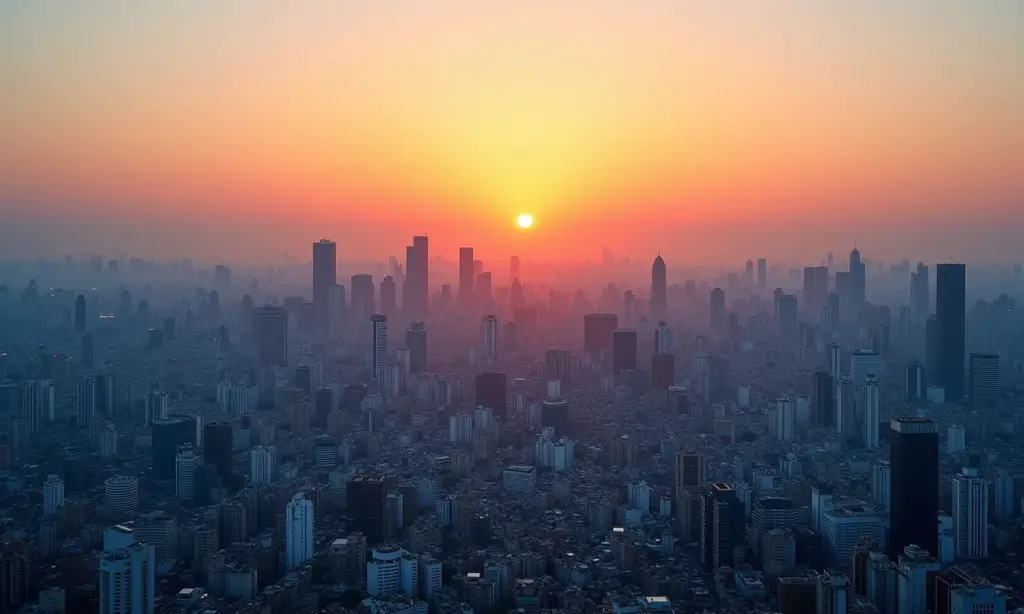 Visão panorâmica de Tóquio ao pôr do sol, demonstrando sua vasta extensão e alta densidade populacional.