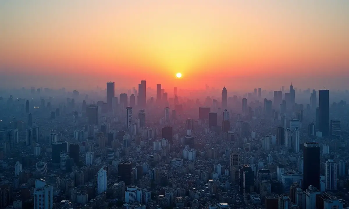 Visão panorâmica de Tóquio ao pôr do sol, demonstrando sua vasta extensão e alta densidade populacional.