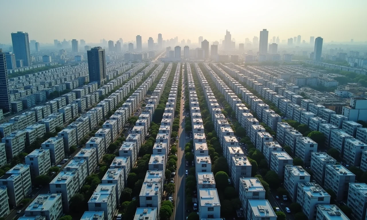 Vista aérea da área residencial densamente povoada de Tóquio, mostrando planejamento urbano eficiente.