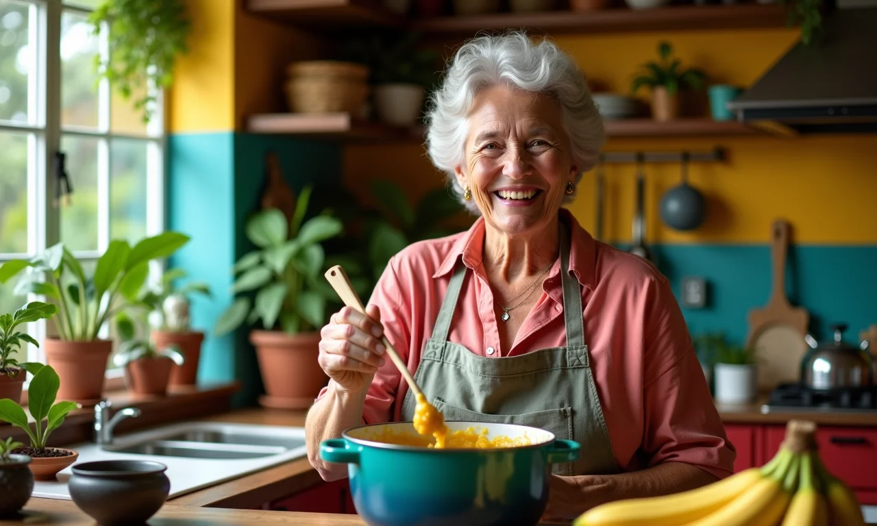 Vovó brasileira preparando doce de banana.