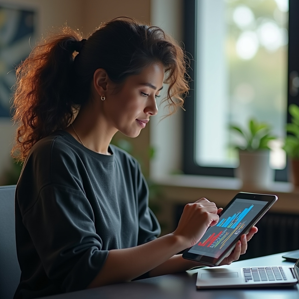 Mulher analisa dados de marketing digital em tablet.