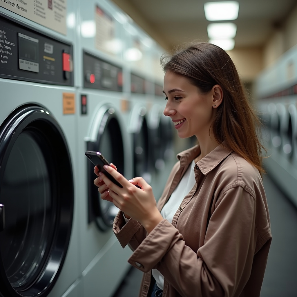 Woman asking for laundromat recommendations in a neighborhood social media group, phone screen, Pedindo indicações de lavanderias em grupos de bairro.
