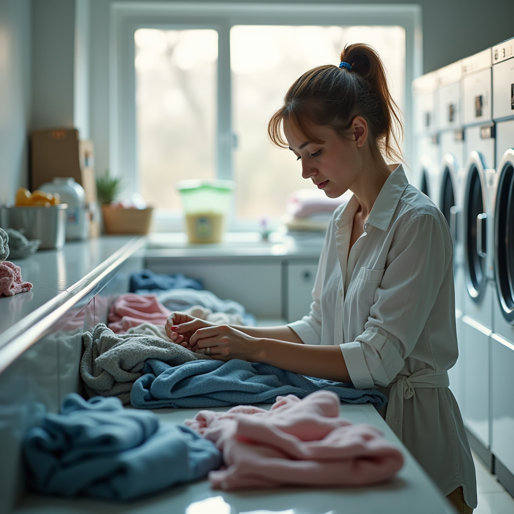 Woman in laundromat folding clothes, bright natural light, clean environment, lifestyle Mulher dobra roupa em lavanderia self-service.