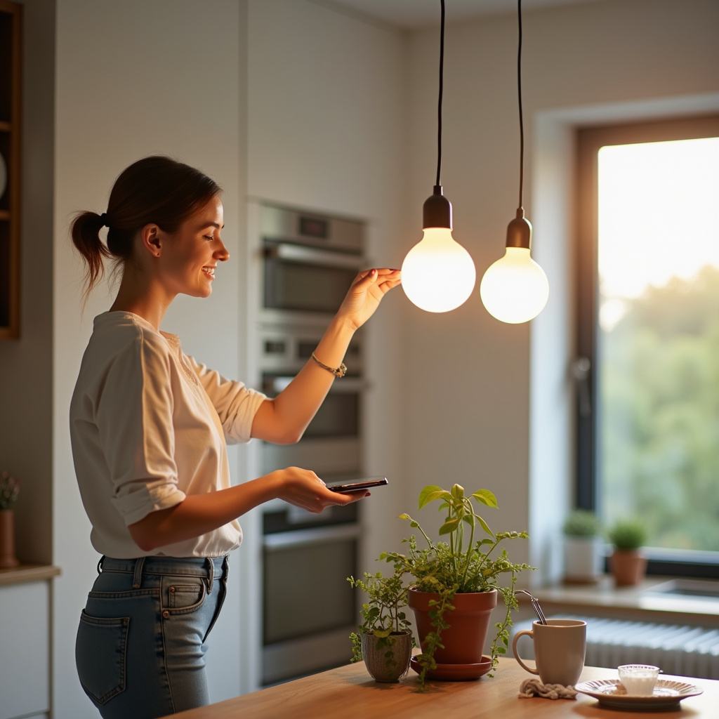 Woman installing LED light bulbs, sustainable home, bright, modern kitchen, natural light, Mulher instalando lâmpadas LED em cozinha sustentável.