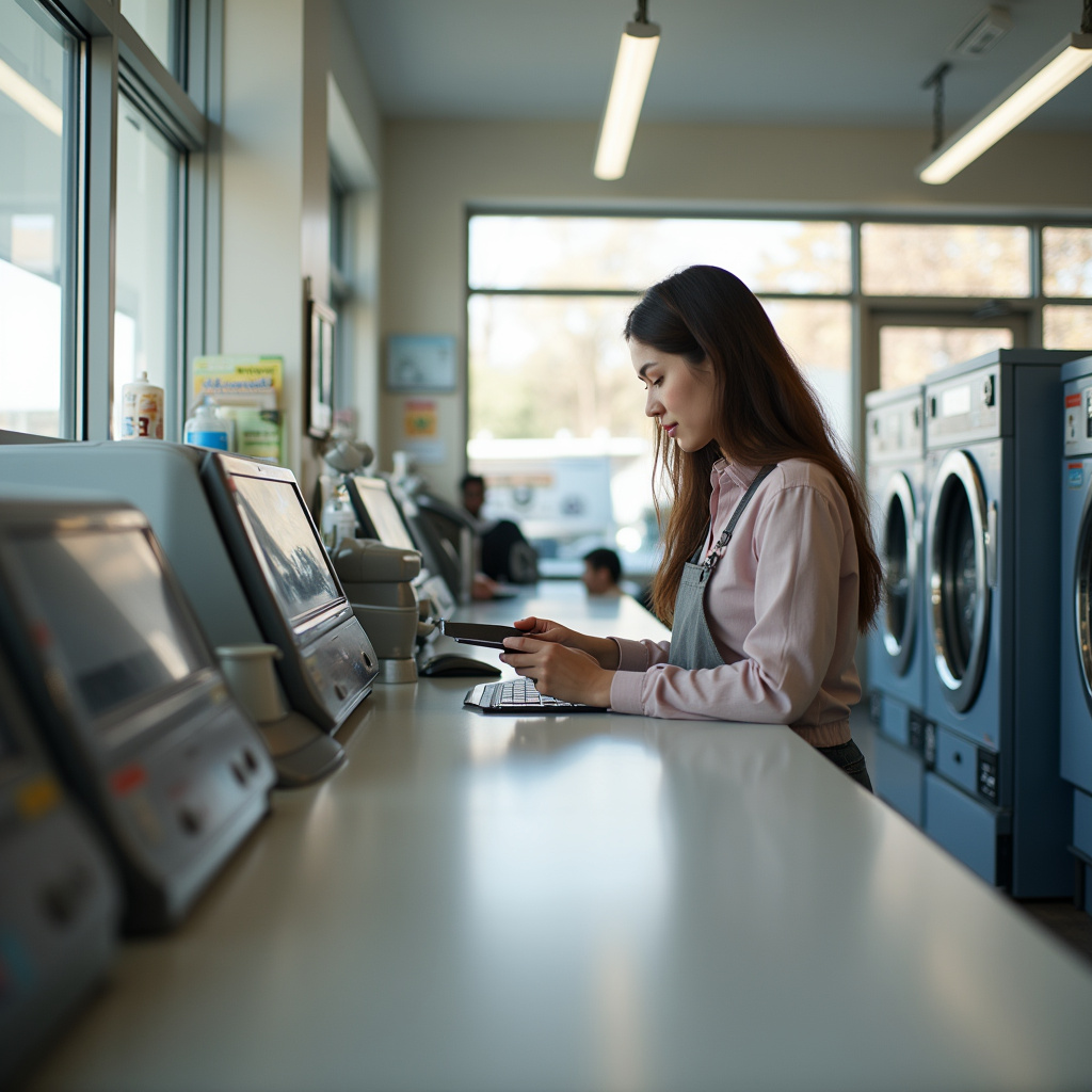 Woman paying at laundromat counter, diverse payment options, bright interior, lifestyle Pagamento facilitado em lavanderia self-service.