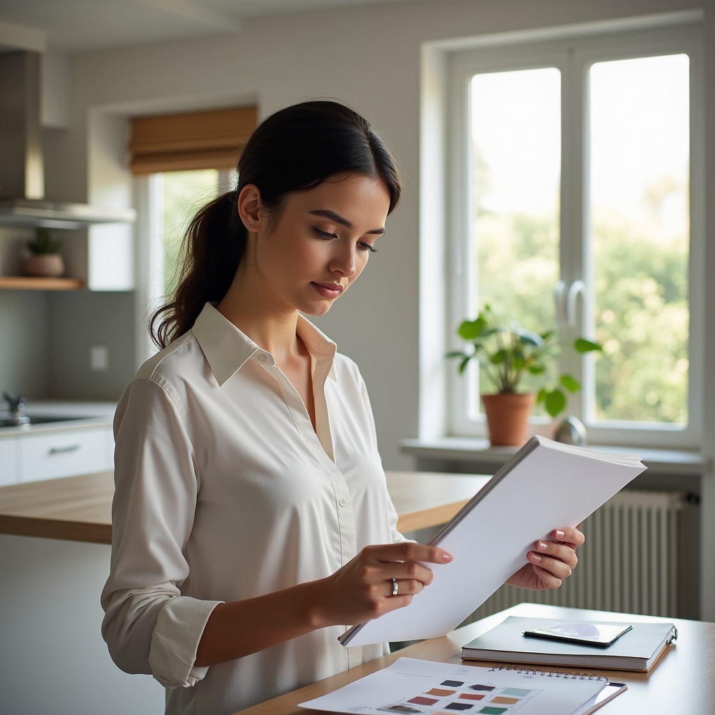 Woman planning home renovation, notebook, swatches, bright modern interior, Brazilian style, Mulher planejando reforma residencial com amostras de cores.