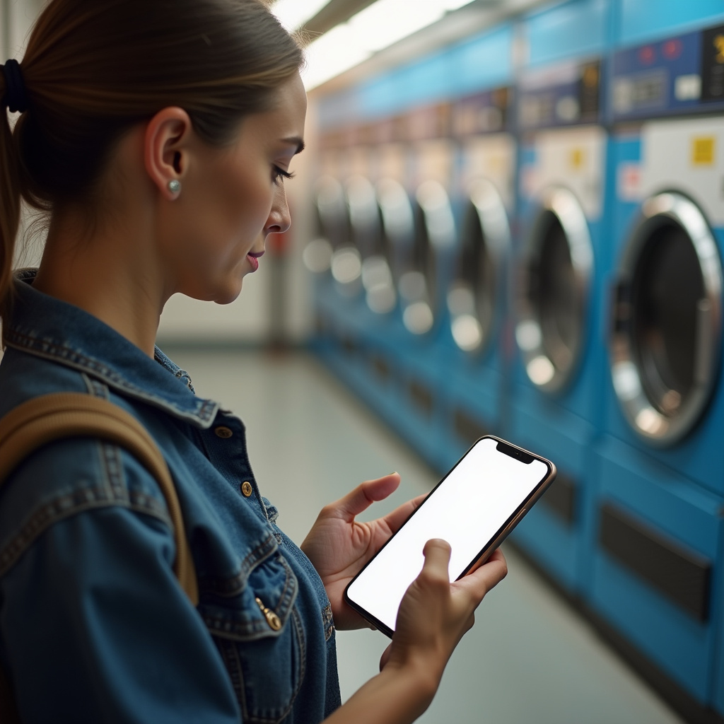 Woman using a service app on her phone to find a laundromat, urban setting, natural lighting, Encontre a lavanderia ideal com aplicativos de busca.