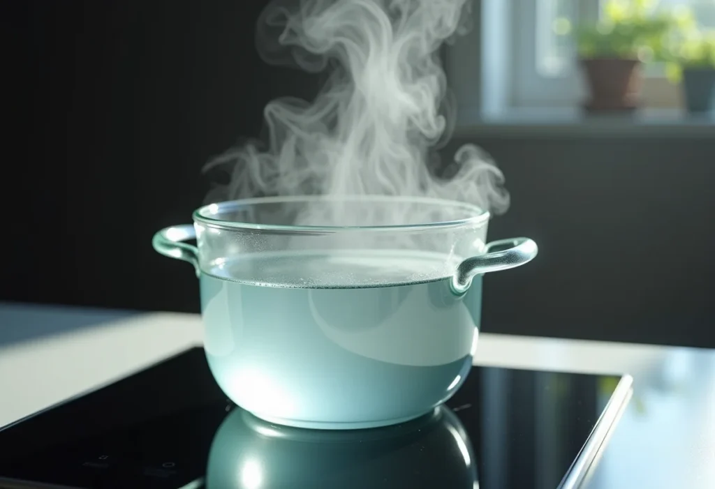 Água fervendo em panela de vidro