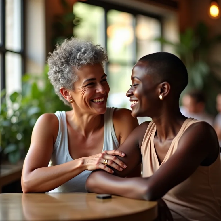 Amigas brasileiras de diferentes etnias em um café, demonstrando afeto e respeito.