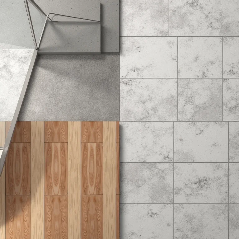 Amostras de materiais para reforma de escadaria: concreto, madeira, metal e azulejos