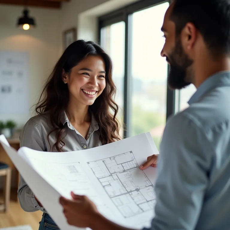 Arquiteta asiático-brasileira sorrindo enquanto discute projetos com cliente.